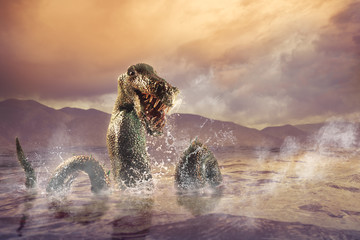 Naklejka premium Scary Loch Ness Monster emerging from water