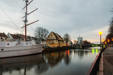 Fototapeta na wymiar Klaipeda, Lithuania. Ship Meridianas, symbol of city