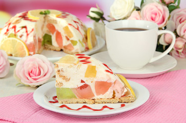 Delicious jelly cake on table close-up
