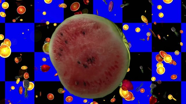 Summer fruits on a black and blue background. 3D
