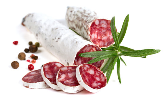 sliced salami isolated on white background