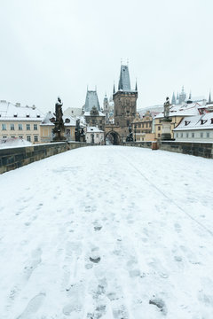 Snow Covered Charles Bridge in Prague