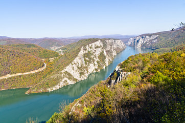 Fototapeta na wymiar 2000 feet of vertical cliffs over Danube river at Djerdap gorge