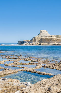Salt pans near Qbajjar in Gozo, Malta.