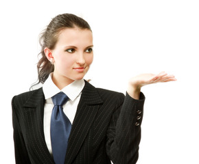 A young woman pointing at something