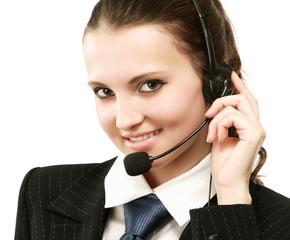 A smiling customer service girl isolated on white background