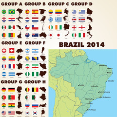 Brazil 2014 world cup, football flags icons and maps