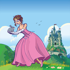 Obraz na płótnie Canvas princess holding rabbit with castle vector cartoon