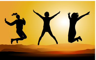 Silhouette of Happy Jumping People.