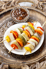 Shashlik made of fish and vegetables, party snack