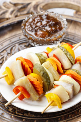 Shashlik made of fish and vegetables, party snack