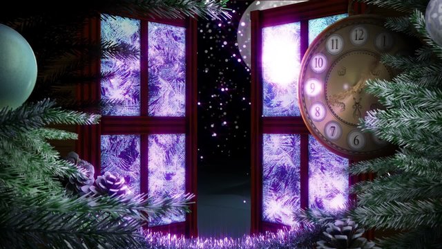 Holiday Christmas window with animated clock background