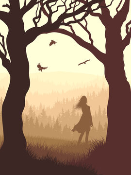 Vertical illustration within forest with silhouette girl in the