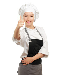 Attractive cook woman showing ok over white background.