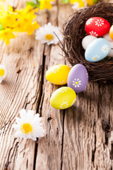 Easter colored eggs on wood