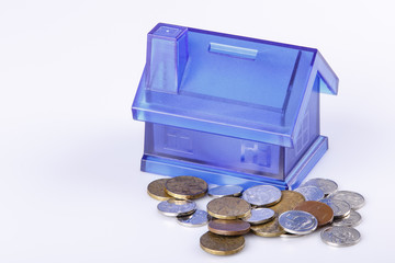 Blue House Money Box on White Background