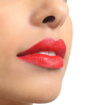 Close up of a beautiful woman lips painted on red