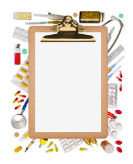 Blank clipboard with paper and medical supplies