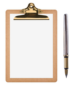 Brown clipboard with blank white paper and ink pen