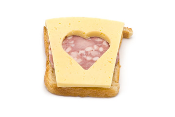 Toast with heart-shaped Cheese and Sausage and isolated on white