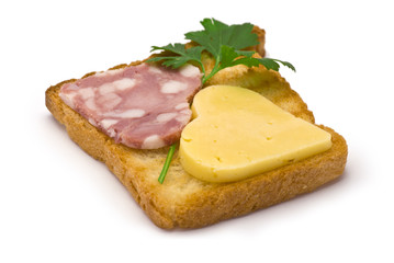 Toast with heart-shaped Sausage and Cheese isolated on white