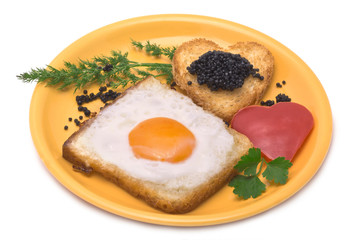 Romantic Breakfast: toast, egg, heart-shaped paprika and caviar