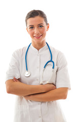 Fototapeta premium Woman doctor with arms crossed standing over white background