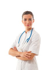 Woman doctor with arms crossed stands over white background