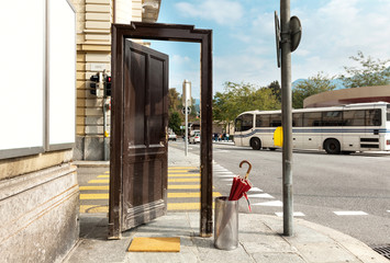 old door opened in the city, surreal scene