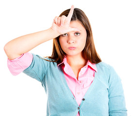 Upset, angry, young  woman showing a loser sign