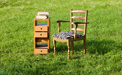 antique chair on a green meadow, outdoor scene