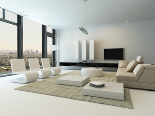 Luxury living room interior with huge windows