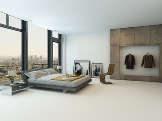 Modern bedroom interior with huge windows