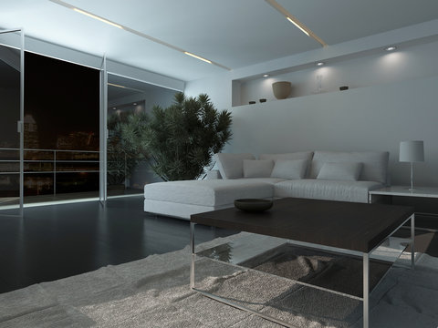 Modern living room interior at night