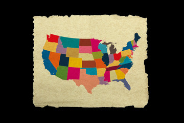 USA map on old paper on black background