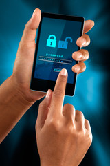 a woman finger sign a password on a mobile phone