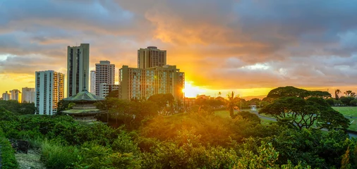 Keuken spatwand met foto Sunset at Waikiki, Oahu, Hawaii © demerzel21