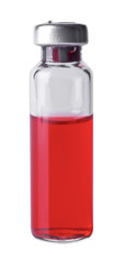 Medical vial with red contents isolated on white