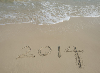 Year 2014 hand written on the white sand in front of the sea