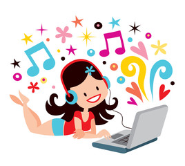 Headphones laptop pretty girl