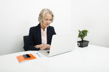 Senior businesswoman using laptop at desk in office