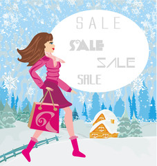 Winter sale, abstract card with a beautiful woman doing the shop