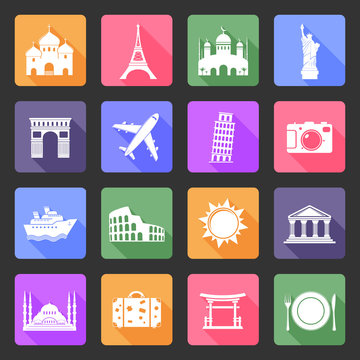 Travel and landmarks vector flat icons set