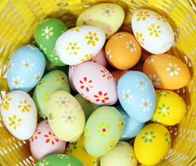 The yellow Easter basket with painted eggs