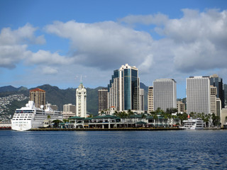 Fototapeta na wymiar Aloha Tower, Boats, Market, harbor and Downtown Honolulu