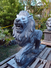 Fototapeta na wymiar Black natural stone Roaring lion on pallets on Display
