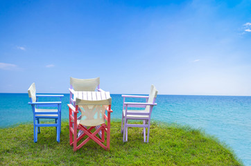 Cafe on the beach, ocean and sky