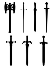 Black silhouettes of different swords, vector illustration