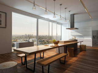 Modern sunny kitchen interior with wooden floor