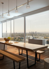 Modern sunny kitchen interior with wooden floor